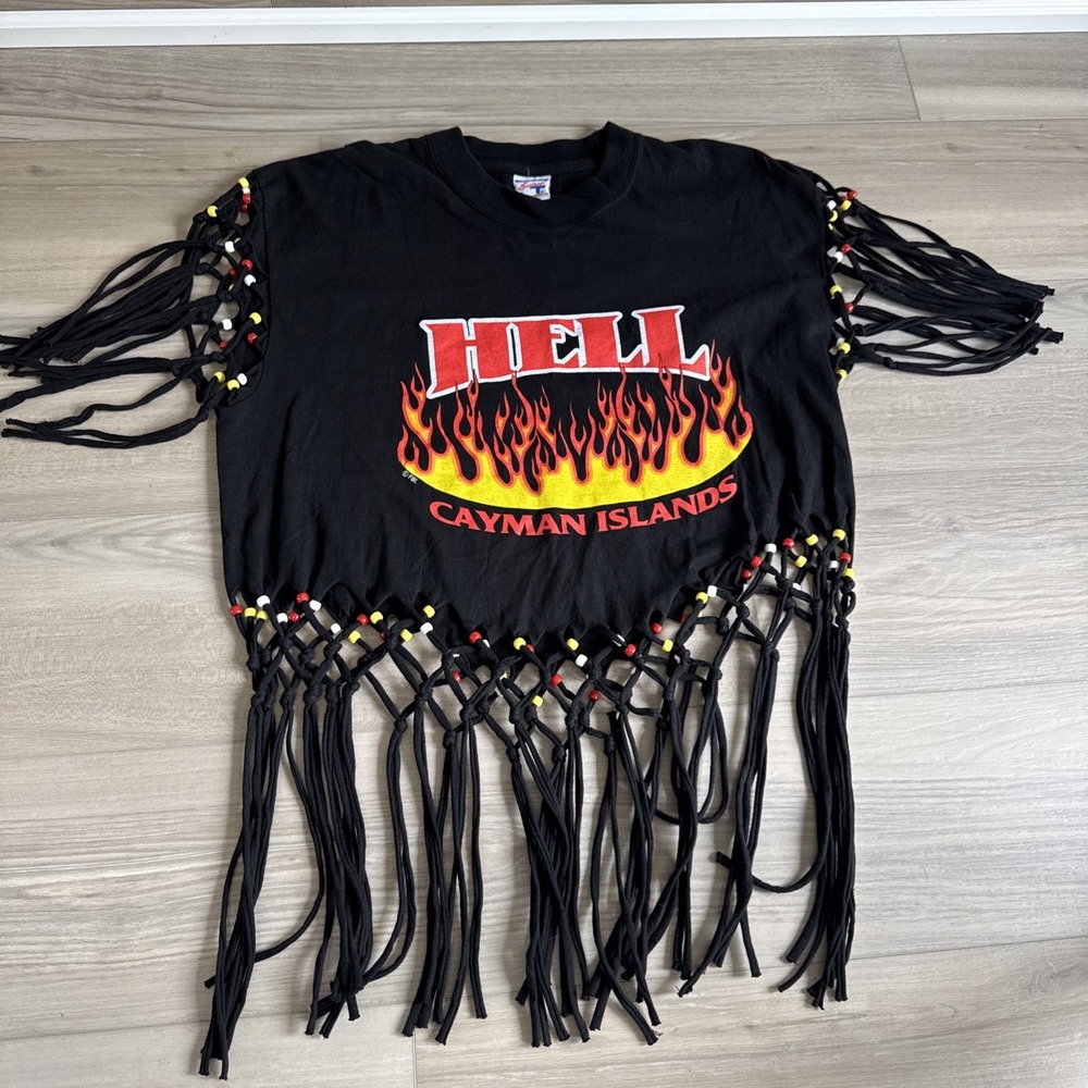 Sun Island HELL Cayman Islands Shirt Fringe Beads‎ Vintage Women's M Crop Top